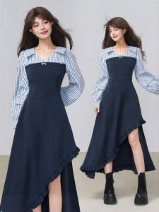 KEIKO | Elegant Checkered Colorblock Faux Two-Piece Irregular Long Dress
