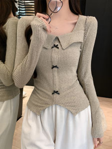 Sweet Butterfly Knot Slim Fit Long Sleeve Square Collar T-Shirt Womens Spring New Style Irregular Pleated Base Shirt Korean Style