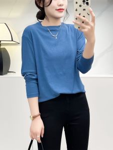 Huiyige Spring Womens Cotton Long Sleeves T-shirt round Neck T-shirt Loose Mid Length Long Length T-shirt Pure Color Bottoming Shirt Stretch Tops