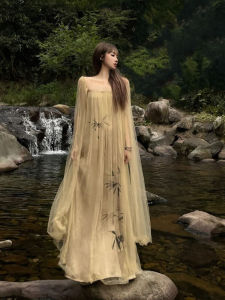 New Chinese Style National Style Dress off-Shoulder Evening Gown Bridal Gown Ink Painting Fairy Mesh Tube Top Long Skirt