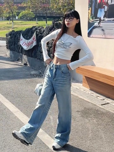 JIAQI กางเกงยีนส์ขากว้างผู้หญิง 2025 ฤดูร้อนใหม่ย้อนยุค กางเกงยีนส์ทรงหลวม ทรงตรง กางเกงขายาวทรงหลวม ทรงหลวม