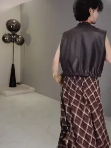 Slimming Gingham Long Sleeve Shirt Irregular Midi Skirt Set