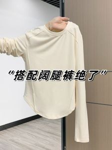 Womens round Neck Long Sleeve Base Shirt Regular Fit Commute Style Korean Version Inner Wear T-Shirt Fishbone Design Top