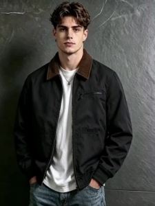 Áo Khoác Nam Kiểu Retro Chất Liệu Canvas Detroit Cổ Áo Bằng Vải Gân Khóa Kéo Chắc Chắn Phong Cách Workwear Mùa Thu Kiểu Đường Phố Hàn Quốc Có Túi.