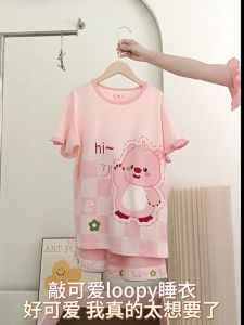 ชุดนอน ชุดนอนผู้หญิง ชุดนอนน่ารัก 🍄 ชุดนอนเซ็ท2ชิ้น เสื้อแขนสั้นคอเต่า ขอบแขนเสื้อแต่งระบาย W002