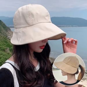 Women Summer Fashion Korean Ponytail Bucket Hat Outdoor Beach Adjustable Sun Visor Hats Solid Color Foldable Panama Fisherman Cap