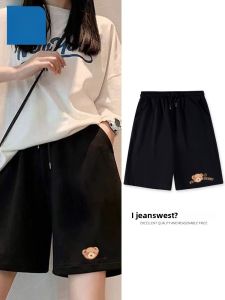 กางเกงขาสั้นกีฬาผ้าฝ้ายแท้สีดำสำหรับผู้หญิง กางเกงขายาวทรงตรงลำลองสำหรับใส่กลางแจ้งในช่วงฤดูร้อน กางเกงขายาวห้าส่วน