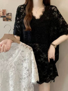 Translucent Lace Blouse Summer European Style Plus Size Versatile V-Neck Midi Sleeve Top