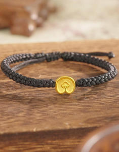 ZHOU LIU FU 周六福 สร้อยข้อมือทอง 99% 24K Solid Gold Horse Hoof Charm Bracelet Chinese Zodiac Dainty Black Adjustable Jewelry for Men Father Birthday 18+6CM A1716117