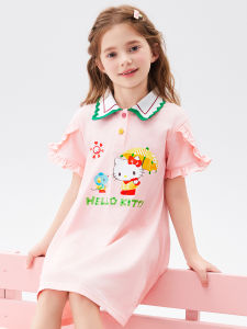 Sweet HelloKitty2025 Spring Summer New Style Girls Cartoon Short Sleeve Turn-down Collar Midi Childrens Dress Casual Polo Skirt