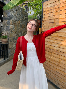 MENGBAI | Áo Cardigan Knit Mỏng Màu Đỏ Đầu Thu