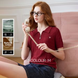 3COLOUR·S | Tencel Linen Polo Collar Knitted Top