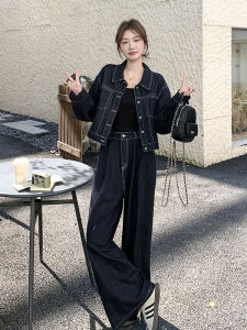 Deep Blue Denim Set Womens Autumn New Style Casual Vintage High Waist Wide Leg Pants Two Piece Set Fashionable And Elegant