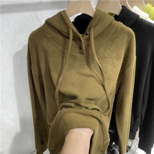 Womens Double-sided Fleece Hoodie Thickened Button Design Autumn Winter New Style Warm Base Layer Top Loose Fit Comfortable