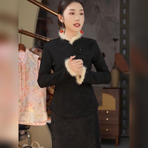 Autumn Winter New Chinese Style National Trend Stand Collar Side Button Embroidered Shirt Women Slim Elastic Base Shirt