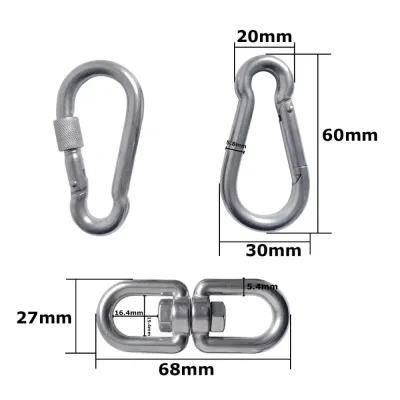 304 Stainless Steel Double Ended Swivel Eye Hook and Safety Carabiner Spring Snap Hook Swivel Shackle Ring Connector Set of 3