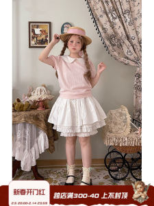 Labeau-Cream Rabbit-Sweet Doll Collar Knitting Short-Sleeved T-shirt Womens Summer Stylish Small Shoulder Short Top
