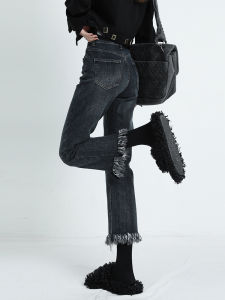 QIAOMIDUO | Slim Fit High Waist Straight Leg Denim Jeans Womens Autumn Deep Blue Nine Point Cuffed Slimming Ankle Length Smoked Tube Pants