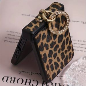 Fashion Leopard Pattern Hard PC Phone Case For Samsung Galaxy Z Flip 7 6 5 4 3 5G Flip 7 Fe And an Diamond-Plated Ring Buckle