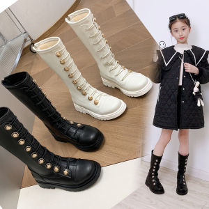 รองเท้าบูทหนังสูงสำหรับเด็กผู้หญิง ฤดูใบไม้ร่วง/ฤดูหนาว รองเท้าบูทมาร์ตินแบบสวมหัวกลม พื้นยางกันลื่น