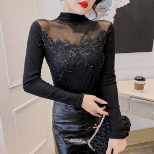 YIMEI เสื้อถักแบบสวมหัวครึ่งคอสูงใส่ฤดูใบไม้ร่วงและฤดูหนาวเข้ารูปปักลูกไม้แฟชั่นเสื้อตาข่ายลูกปัดสีดำ