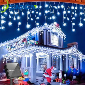 Outdoor Solar Icicle Lights Cool White Christmas Light with 8 LIghting Modes for Eves House Roof Holiday Wedding Decorations