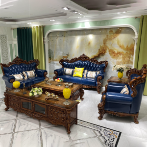 European Style U-Shape Leather Sofa Solid Wood Frame Living Room 123 Set Blue Leather Sofa American Style Sofa