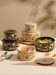 French Elegant Large Capacity Ceramic Microwave Safe Lunch Box Adult Office Workers Meal Container round Shape Preservation Bowl