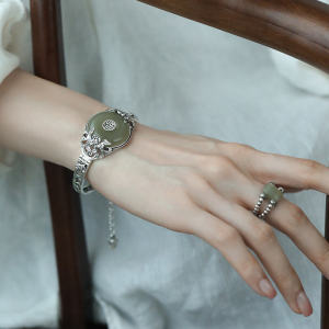 Retro Chinese Style Bracelet Ring Set 925 Silver Turpan Jade Peony Flower Design Ethnic Minority Fresh out Fashion Jewelry