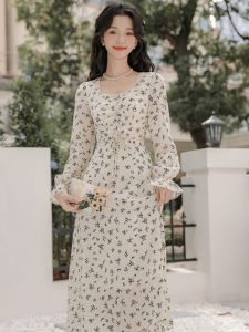 French Elegant Floral Print Square Neck Long Dress Womens Mature Style Slimming Beach Vacation Dress A-Line Skirt Zipper
