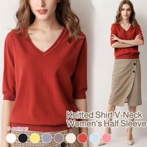 6 Colors Knitted Shirt V-Neck Women’s Half Sleeve Women Korean Style
