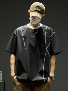 เสื้อยืดผู้ชายผ้าไหมน้ำแข็งบาง แขนสั้น ป้องกันแสงแดด ความรู้สึกระบายอากาศ คอกลม หลวม ปกโปโล สีพื้น