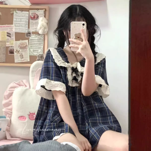 ชุดนอนผู้หญิงแขนยาวลายสก็อตหวานๆ ฤดูใบไม้ผลิและฤดูใบไม้ร่วง คอตุ๊กตา ขอบลูกไม้ ชุดอยู่บ้าน สไตล์ญี่ปุ่น