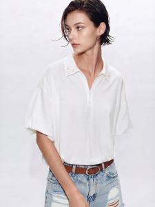 AMII | Summer Casual Collared Hand-beaded Zipper T-Shirt Women Drop Shoulder Floral Hem Top