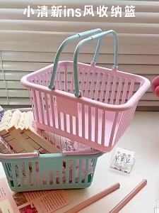 Portable Plastic Storage Basket With Handle Hollow Desktop Stationery Organizer Sundries Toy Fruit Storage Box Home Organizer