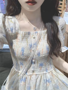 French Elegant Summer Dress Womens Sweet  Gentle Style Long Waist-Cinching Slimming Fairy Skirt Bubble Sleeve Square Neck