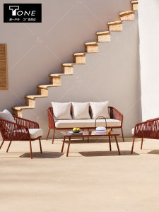 Scandinavian Outdoor Rattan Sofa Outdoor Courtyard Garden Terrace Waterproof and Sun Protection Casual Rattan Chair Table and Chair Furniture Combination