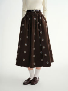 DUSHU | Black Vintage A-line Corduroy Half Skirt with Embroidery