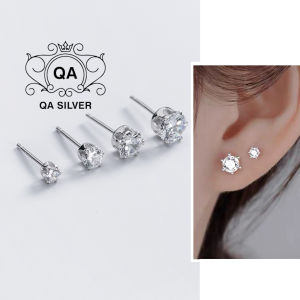 Khuyên tai bạc 925 nụ đá đế cao 6 chấu bông nam nữ S925 CROWN Stud QA SILVER Earrings EA260501
