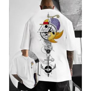 One Piece Mens T-shirt Monkey D. Luffy Summer and Autumn Anime Boy Childrens Short-sleeved Retro Loose Parent-child Outfit