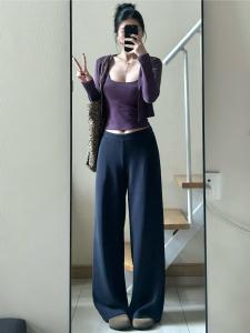 Cobalt Blue Draped Wide Leg Casual Pants Womens High Waist Loose Slimming Straight Long Pants Spring Autumn Small Size