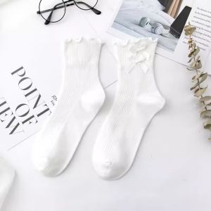 Girls Butterfly Knot Mid-Calf Socks White Spring Autumn Mary Jane Shoe JK Small Leather Shoe Summer Long Socks Cotton Fabric