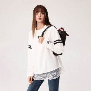 Chuu Embroidered Long Sleeve T-Shirt Womens New Autumn College Style Lace Trim Patchwork Heart Print Casual Cotton Blend Top