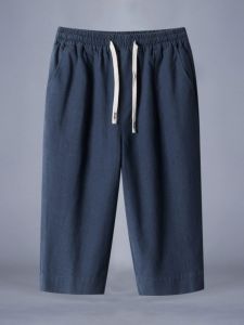 กางเกงขาสั้นชายผ้าลินินสีน้ำเงินเข้มสไตล์ย้อนยุค กางเกงขายาวผ้าฝ้ายบาง กางเกงขายาวทรงหลวมสำหรับฤดูร้อน กางเกงขายาวผ้าฝ้ายผสมสแปนเด็กซ์