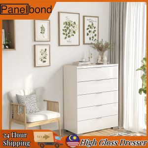 PanelBond High Gloss Drawer Chest Bedroom 5 Tier Dresser Simple stlye Living Room Storage Cabinet with Handle White Drawer Chest