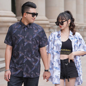 【Plus Size】60-175KG Men Hawaii Feather Printed Short Sleeve Button Down Collar Tops Male Large Big Size Oversized Loose Casual Shirts