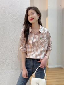 AMMIN Korean Style Plaid Single-Breasted Shirt Womens 2024 Spring and Autumn Long Sleeve Hong Kong Style Arts Vintage Chic Cotton Elegant Blouse