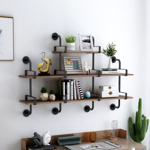 Nordic Real Wood Bookshelf American Retro Iron Art Wall Hanging Industrial Style Full Wall Bookcase Storage Rack Home Decor