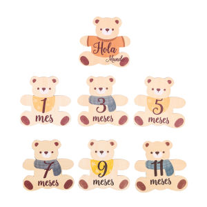 Baby Wooden Milestone Card Cartoon Bear Spanish Monthly Memorial Card For Newborn Kid Photography Accessories Commemorative Gift