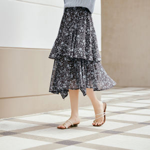 XIANGYING | Chân Váy Dài Không Đều Vintage Hoa Văn Chiffon